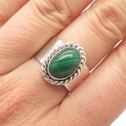 925 Sterling Silver Vintage Real Malachite Gem Twisted Oval Ring Size 7