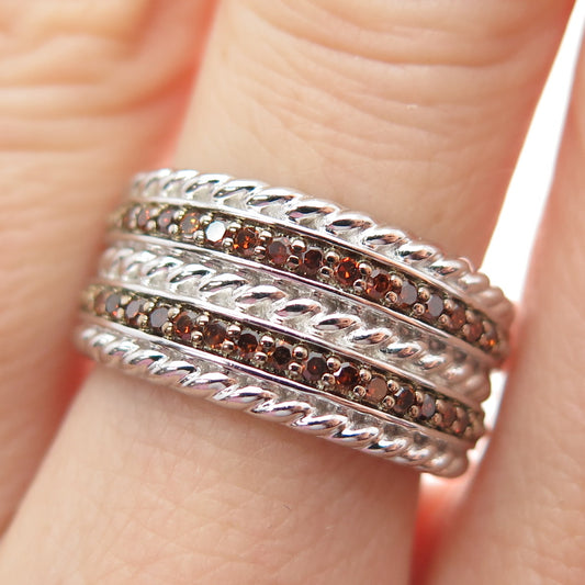 925 Sterling Silver Real Round-Cut Cognac Diamond Multi-Row Ring Size 6.25