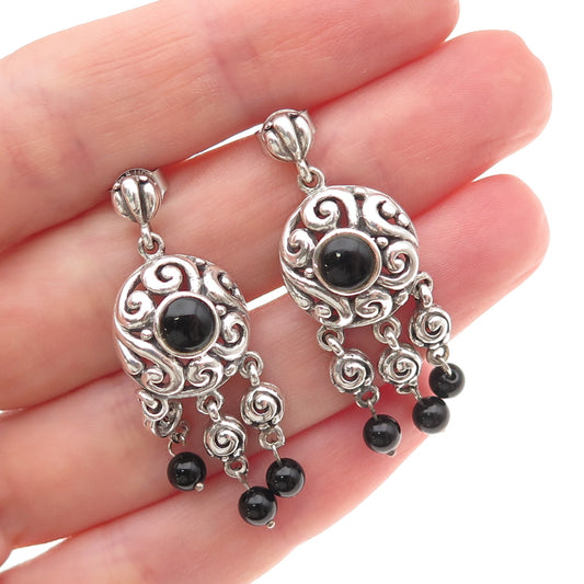 925 Sterling Silver Vintage Real Black Onyx Spiral Oxidized Dangle Earrings
