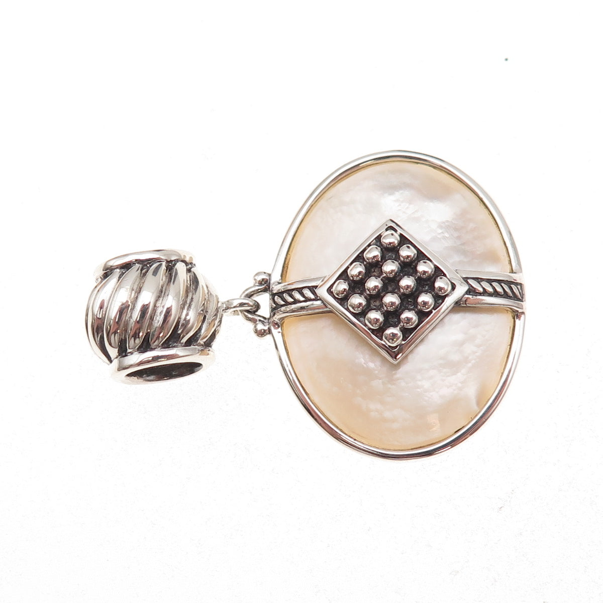 925 Sterling Silver Vintage Real MOP Modernist Oxidized Slide Pendant