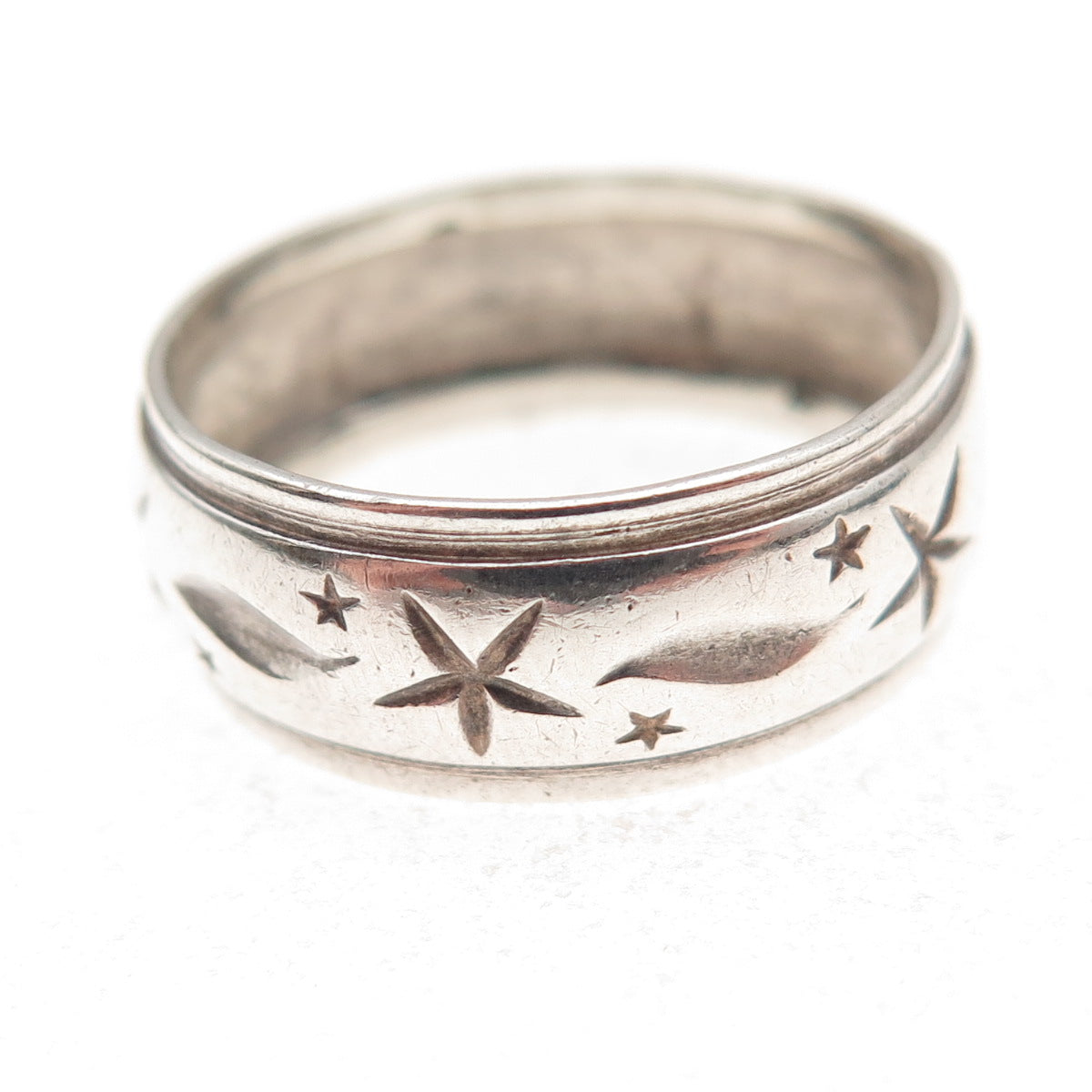 Uncas 925 Sterling Silver Antique Art Deco Celestial Oxidized Band Ring Size 8