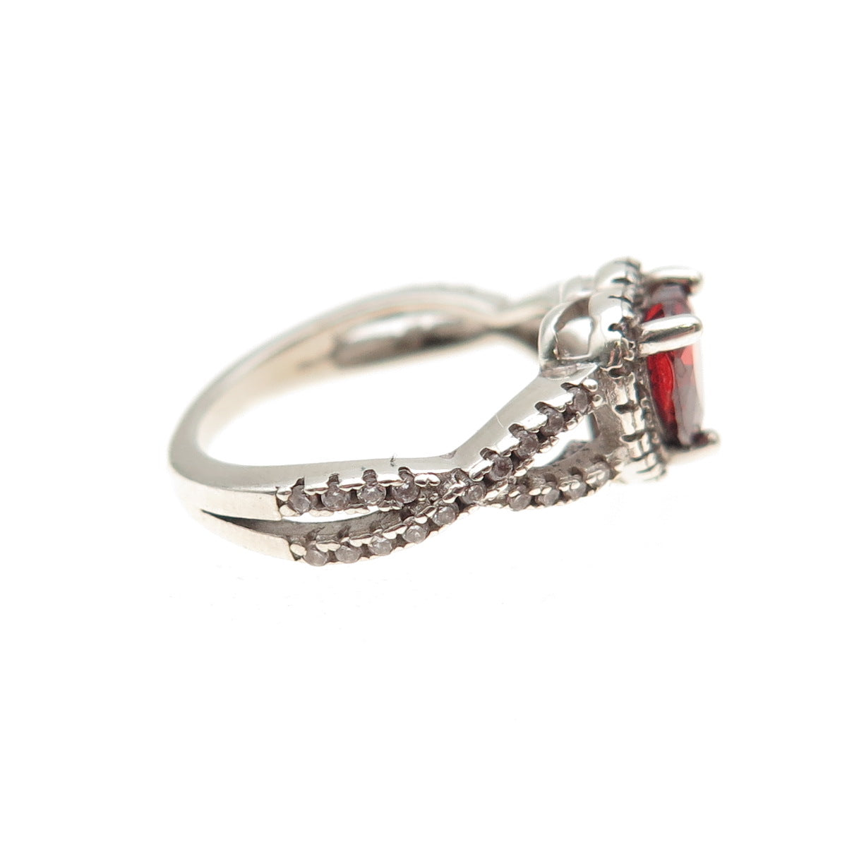925 Sterling Silver Real Heart-Cut Red Garnet & Round-Cut C Z Ring Size 3.75