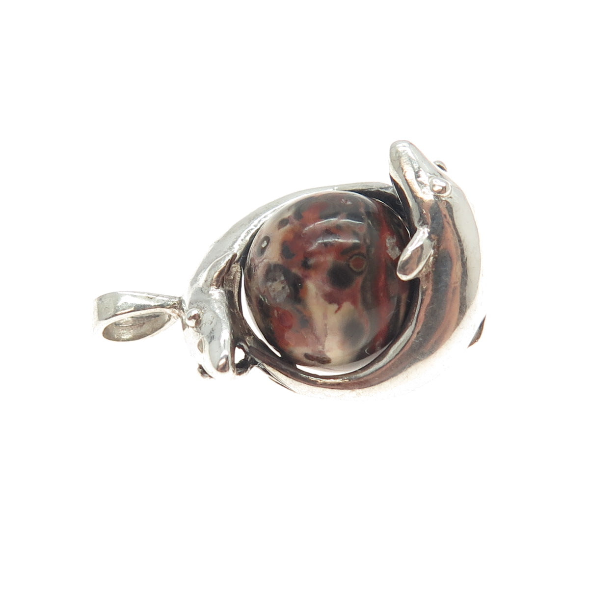 925 Sterling Silver Vintage Real Jasper Dolphins Bypass Ball Charm Pendant