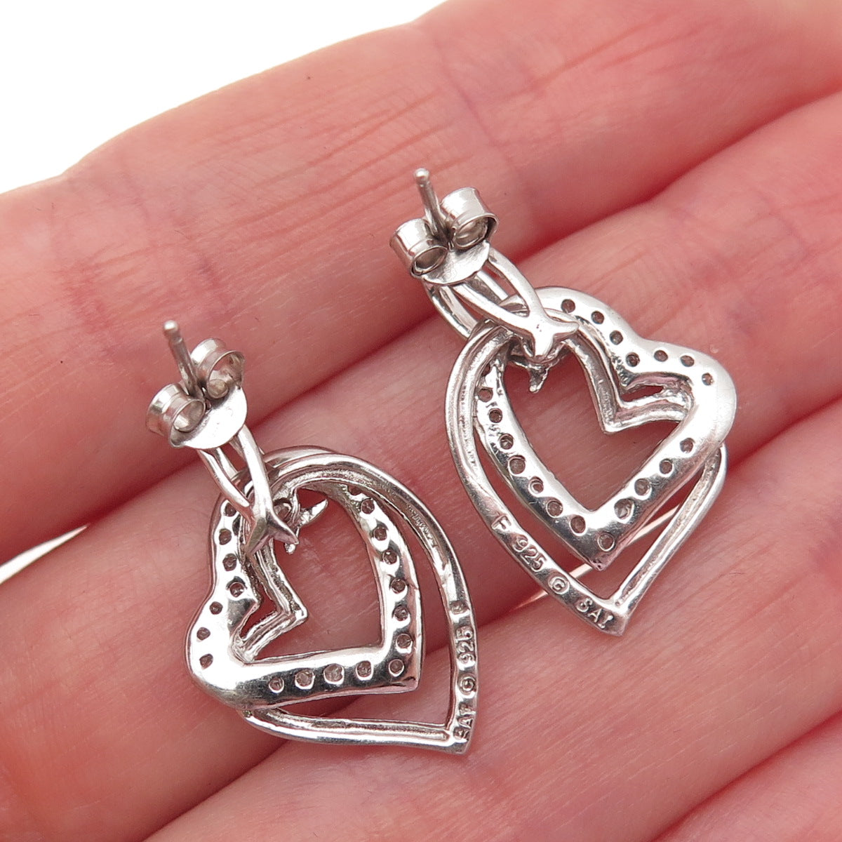 SAI 925 Sterling Silver Real Round-Cut Diamond Double Heart Dangle Earrings