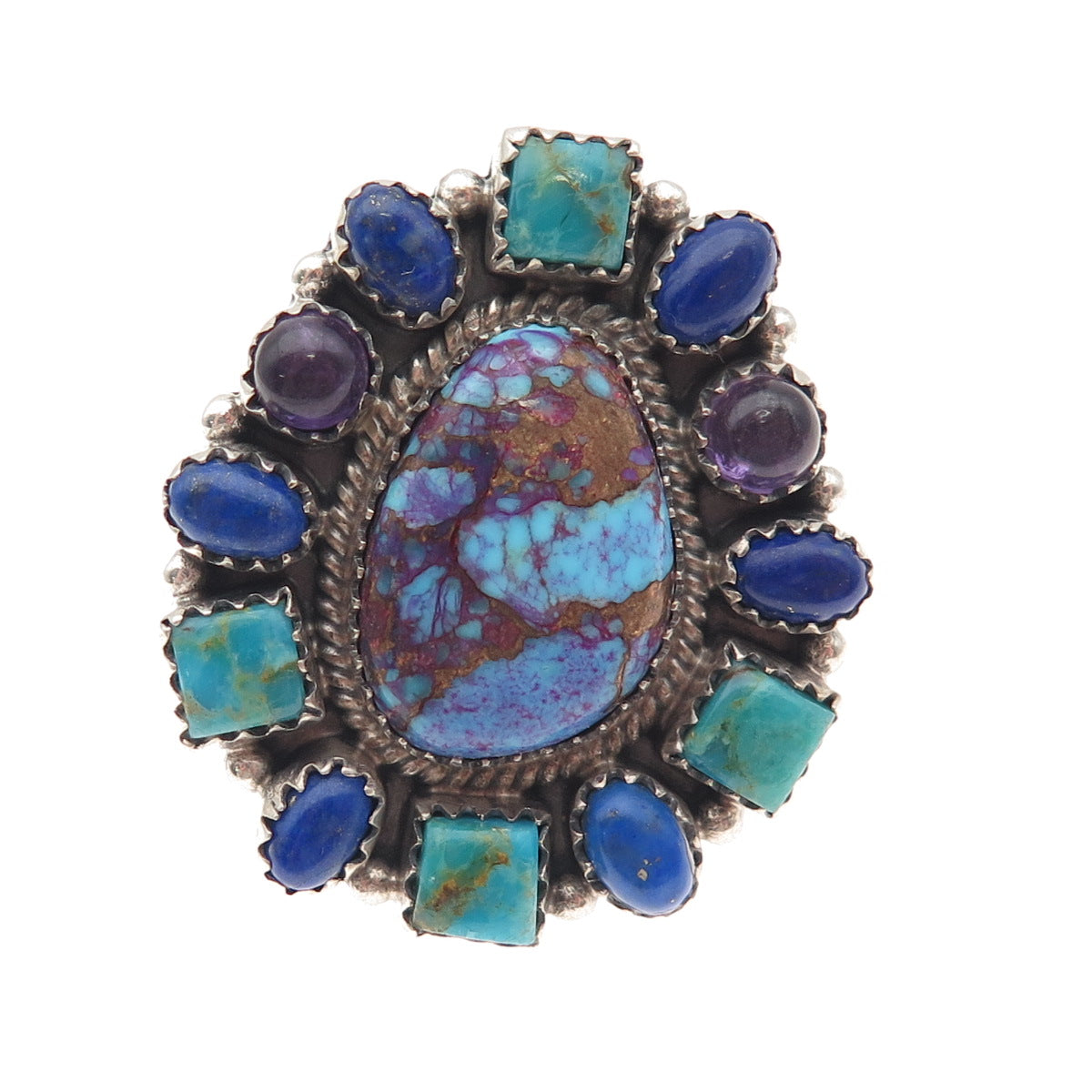 925 Sterling Vintage Mohave Turquoise Amethyst & Lapis Adjustable Ring Size 8.25