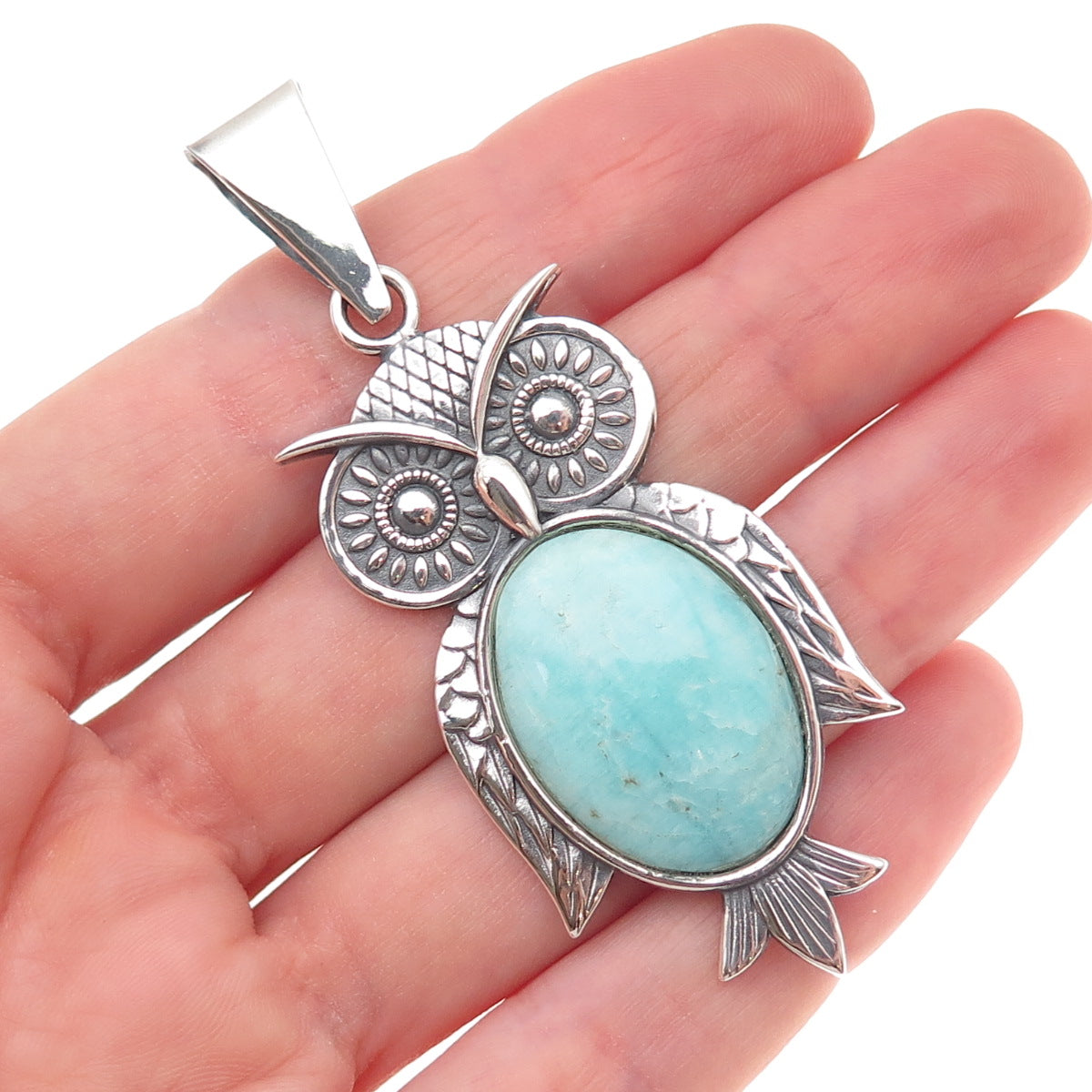 950 Silver Vintage Real Amazonite Owl Bird Oxidized Pendant