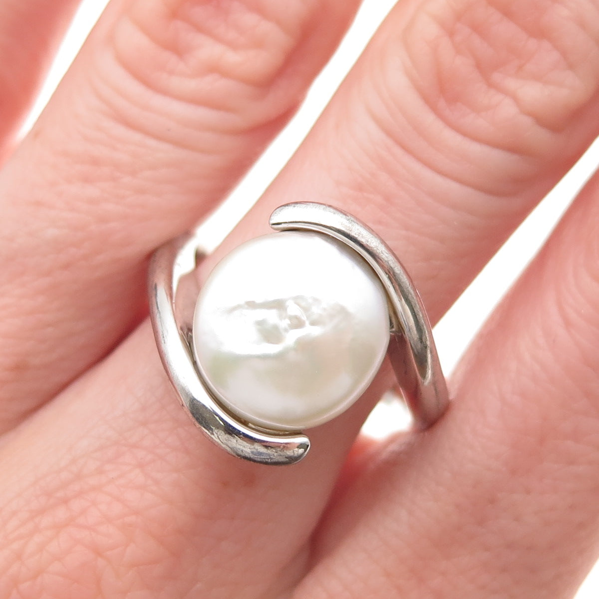 925 Sterling Silver Real Pearl Bypass Ring Size 10.25