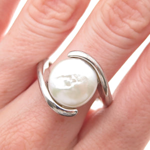 925 Sterling Silver Real Pearl Bypass Ring Size 10.25