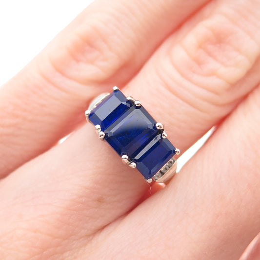 D'Joy 925 Sterling Silver Real Emerald-Cut Sapphire & White Topaz Ring Size 5