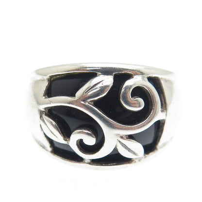 925 Sterling Silver Vintage Black Onyx Gem Twig Leaf Ring Size 7