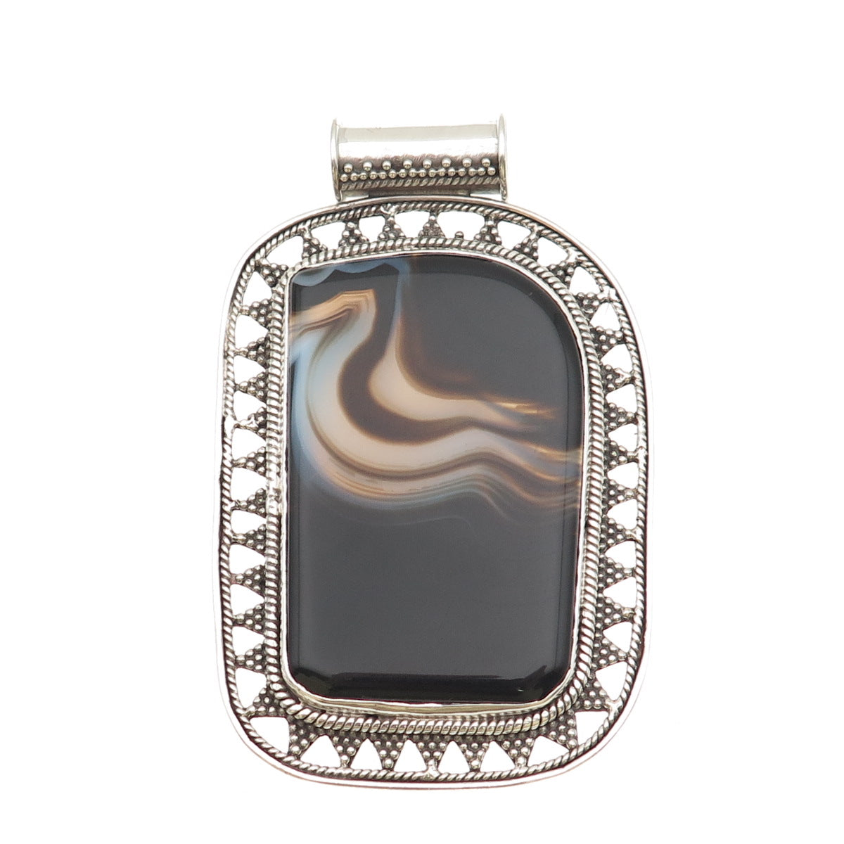 925 Sterling Silver Vintage Real Agate Granulated Heavy 91.8g Pendant