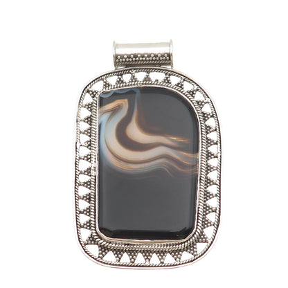 925 Sterling Silver Vintage Real Agate Granulated Heavy 91.8g Pendant