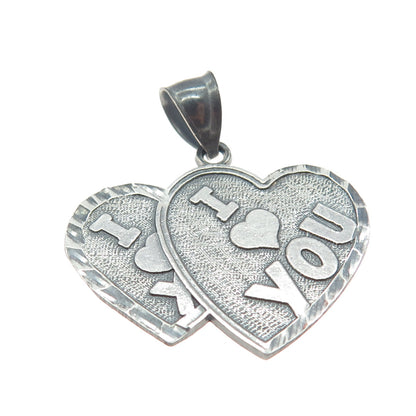 925 Sterling Silver Vintage "I Love You" Double Heart Pendant