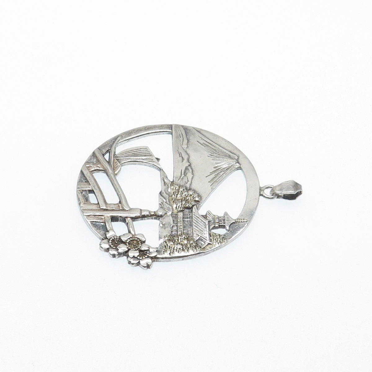950 Silver Antique Japan Mount Fuji Old Town Pendant