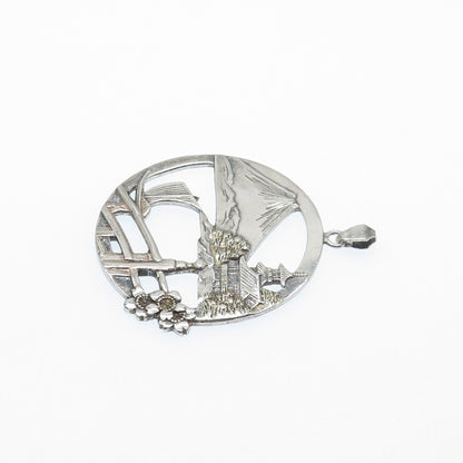950 Silver Antique Japan Mount Fuji Old Town Pendant