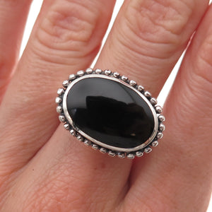 925 Sterling Silver Vintage Real Black Onyx Beaded Oxidized Ring Size 6.75