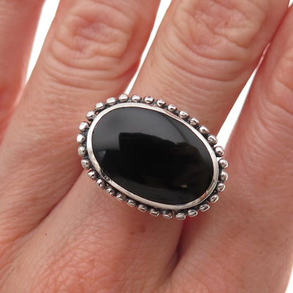 925 Sterling Silver Vintage Real Black Onyx Beaded Oxidized Ring Size 6.75