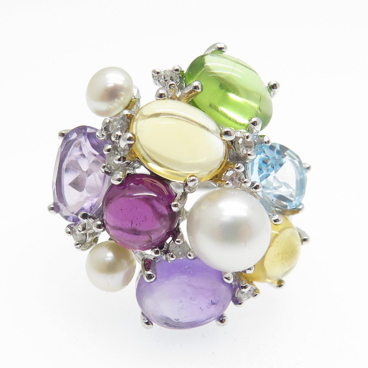 925 Sterling Silver Diamond Pearl Amethyst Citrine Peridot & Topaz Ring Size 7.5