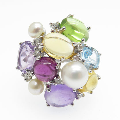 925 Sterling Silver Diamond Pearl Amethyst Citrine Peridot & Topaz Ring Size 7.5