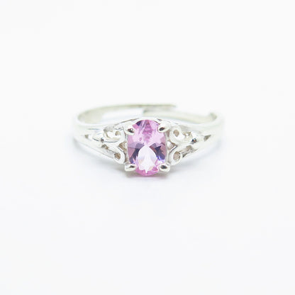 925 Sterling Silver Pink C Z Adjustable Ring Size 6.5