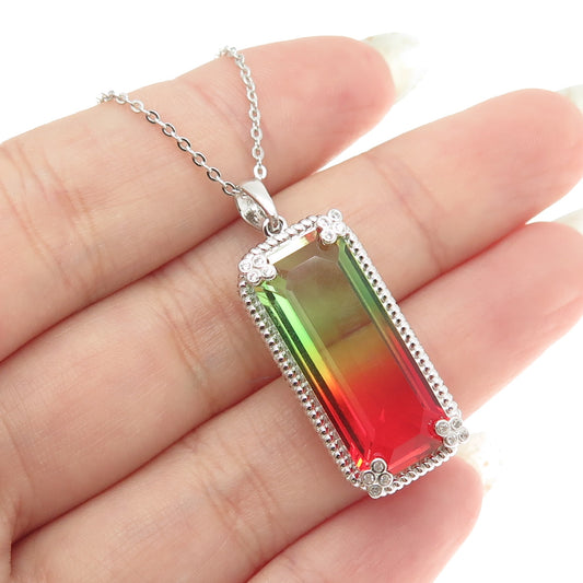 925 Sterling Silver Multi-Color C Z Pendant Cable Chain Necklace 26-28"