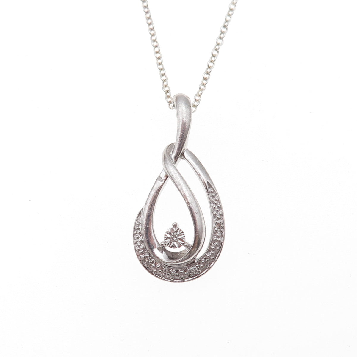 925 Sterling Silver Real Round-Cut Diamond Teardrop Cable Chain Necklace 18"