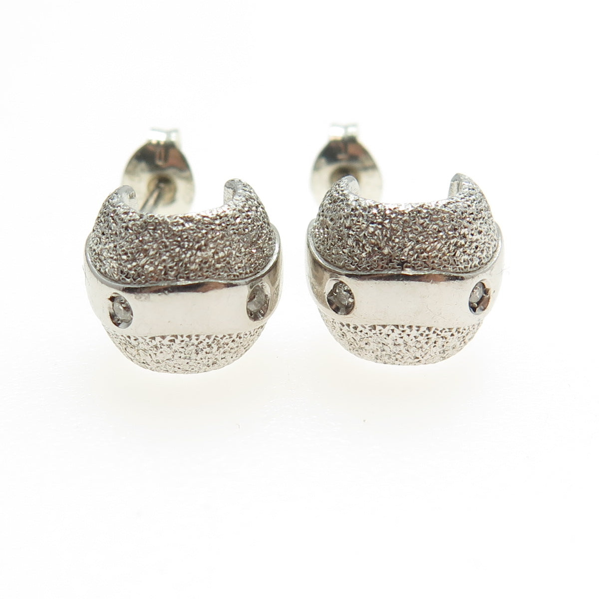 925 Sterling Silver Real Round-Cut Diamond Textured Half Hoop Earrings