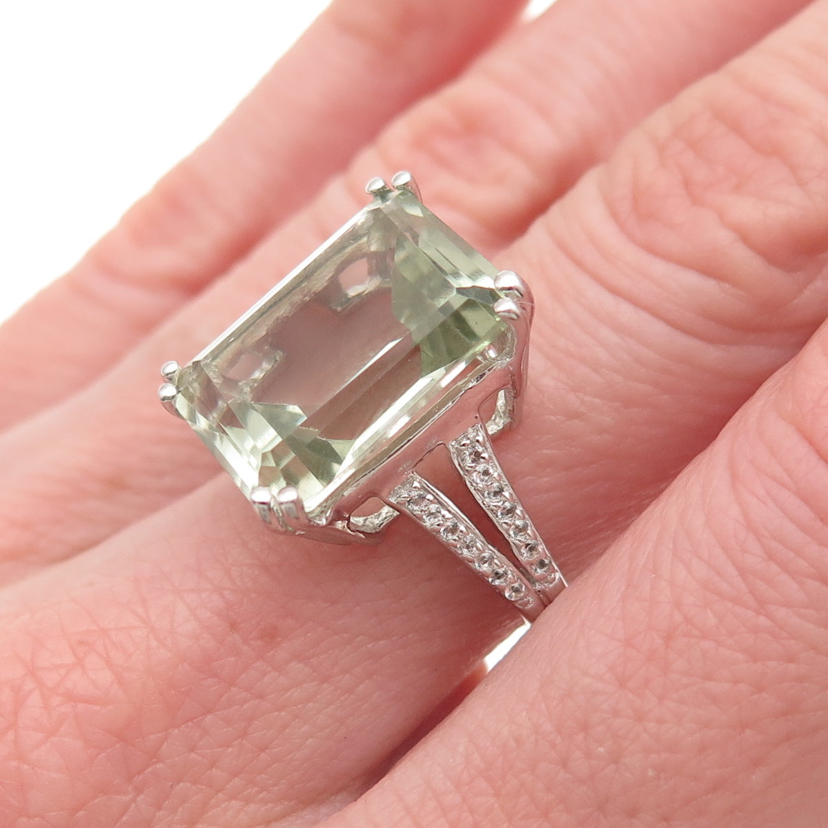 925 Sterling Silver Real Green Amethyst & White Topaz Ring Size 7