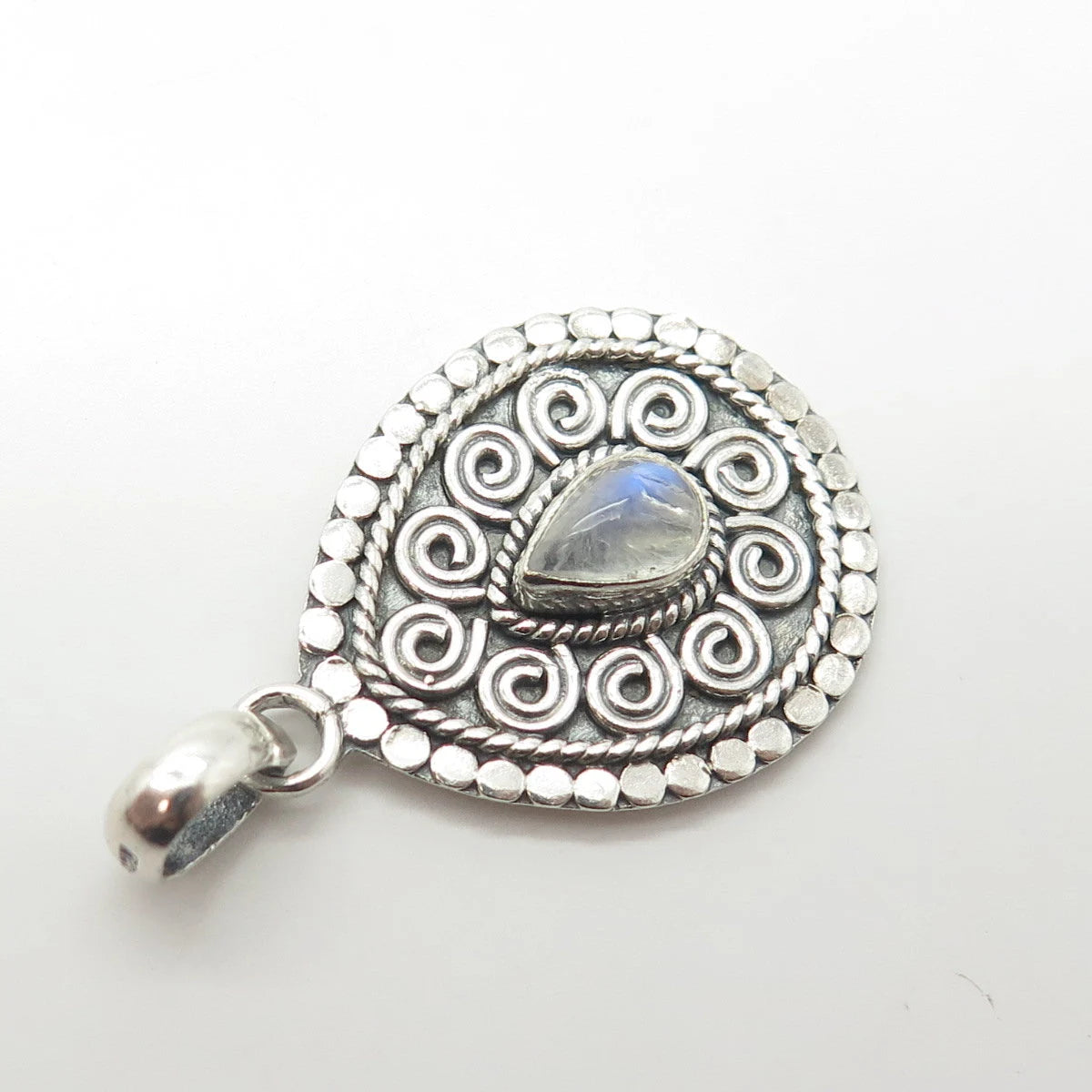 925 Sterling Silver Vintage Real Moonstone Gem Swirl Ornate Pendant