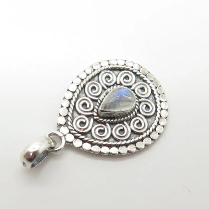 925 Sterling Silver Vintage Real Moonstone Gem Swirl Ornate Pendant