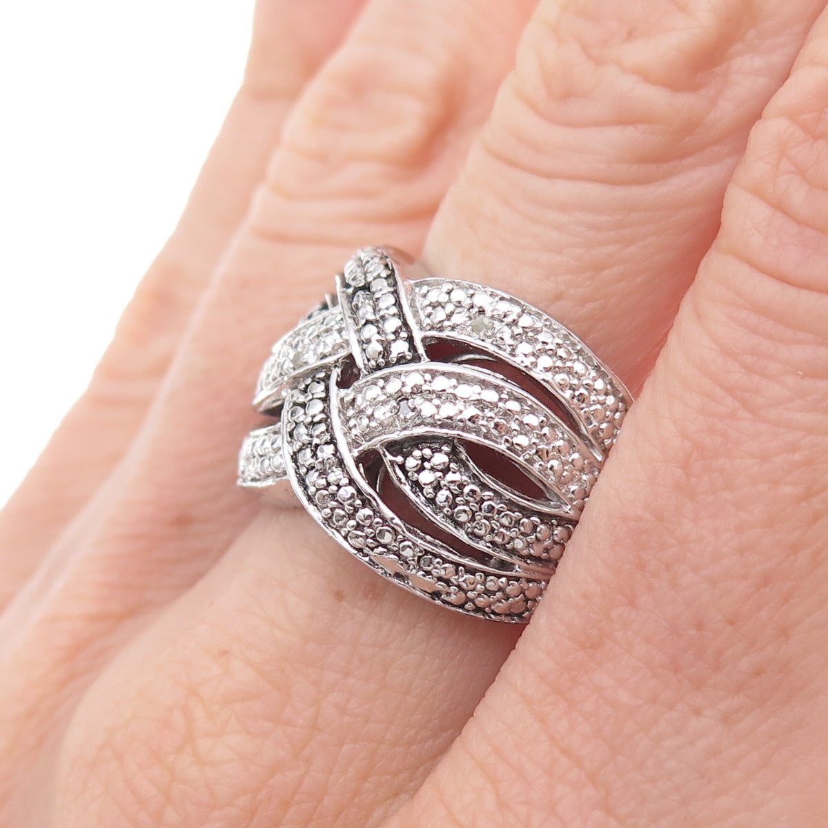 Chuck Clemency 925 Sterling Silver Real Round-Cut Diamond Woven Ring Size 8.25
