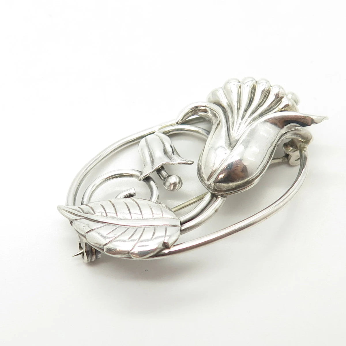 925 Sterling Silver Antique Art Deco Lang Floral Leaf Pin Brooch