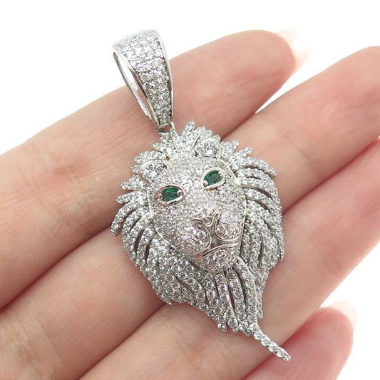 925 Sterling Silver Nano Emerald & Round-Cut Shaped C Z Lion's Head Pendant