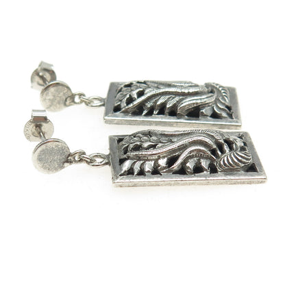 925 Sterling Silver Antique Art Deco Feather Pattern Oxidized Earrings