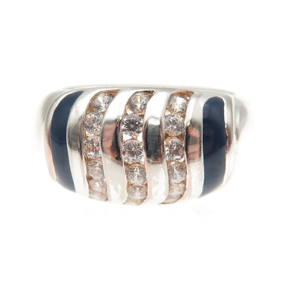 925 Sterling Silver Enamel & Round-Cut C Z Dome Ring Size 8.25