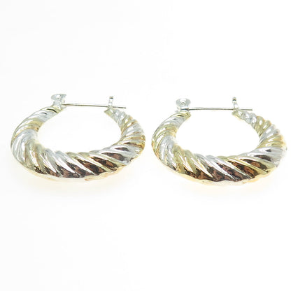 925 Sterling Silver 2-Tone Ribbed Hinged Hoop Earrings