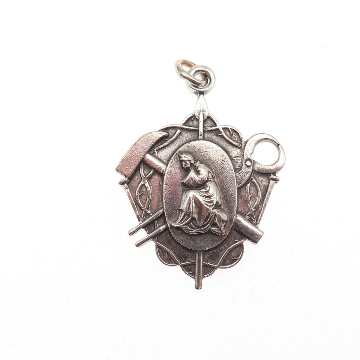 Creed 925 Sterling Silver Antique Art Deco Jesus Sacred Heart Charm Pendant