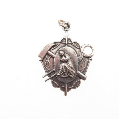 Creed 925 Sterling Silver Antique Art Deco Jesus Sacred Heart Charm Pendant