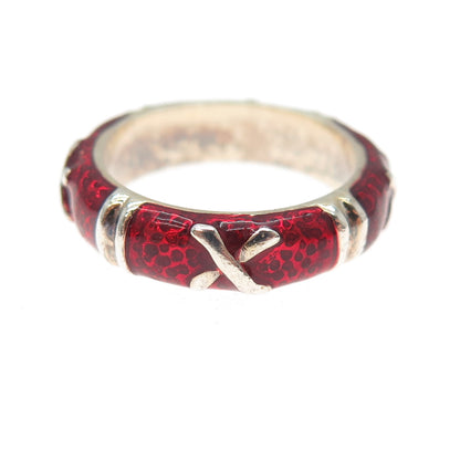 925 Sterling Silver 2-Tone Vintage Red Enamel X Band Ring Size 7.25