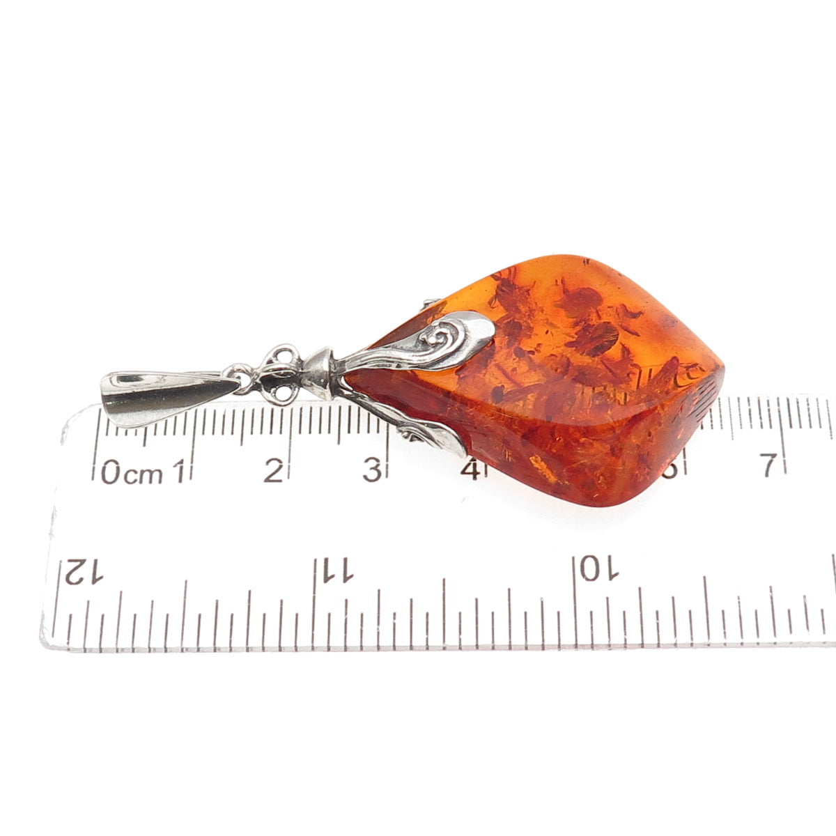 925 Sterling Silver Vintage BK Poland Real Amber Modernist Oxidized Pendant