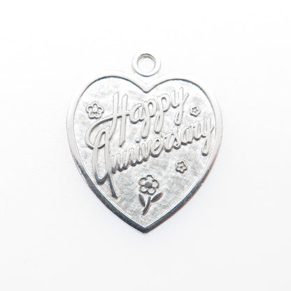 LAMODE 925 Sterling Silver Vintage Happy Anniversary Heart Tag Charm Pendant