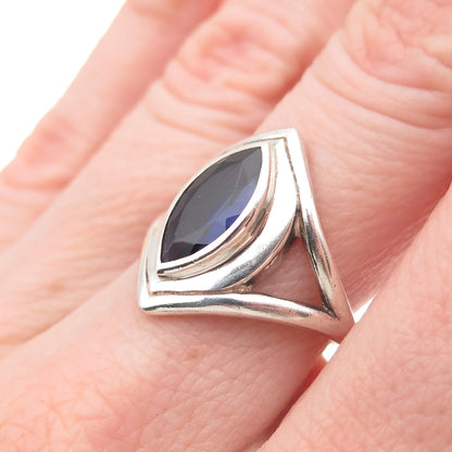 925 Sterling Silver Vintage Real Marquise-Cut Iolite Modernist Ring Size 6.75