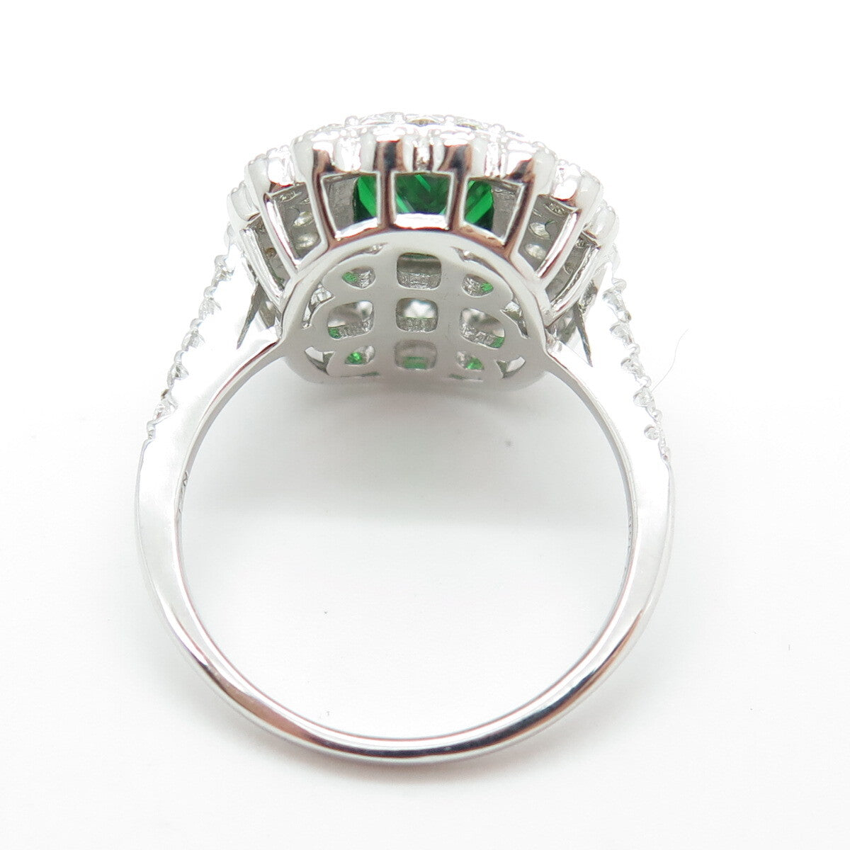 925 Sterling Silver Green Octagon-Cut & White Round-Cut Shaped C Z Ring Size 8
