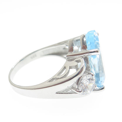 925 Sterling Silver Real Pear-Cut Blue Topaz & C Z Ring Size 7
