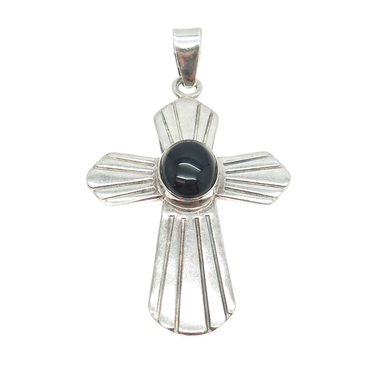 925 Sterling Silver Vintage Mexico Real Black Onyx Gemstone Cross Pendant