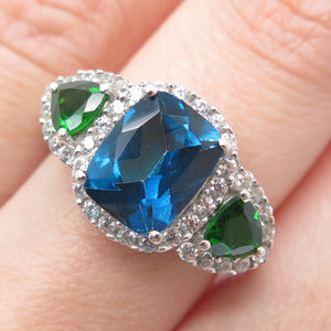 DSMK 925 Sterling Silver Real White & Blue Topaz Chrome Diopside Gem Ring Size 7