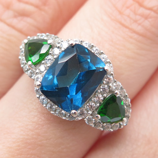DSMK 925 Sterling Silver Real White & Blue Topaz Chrome Diopside Gem Ring Size 7