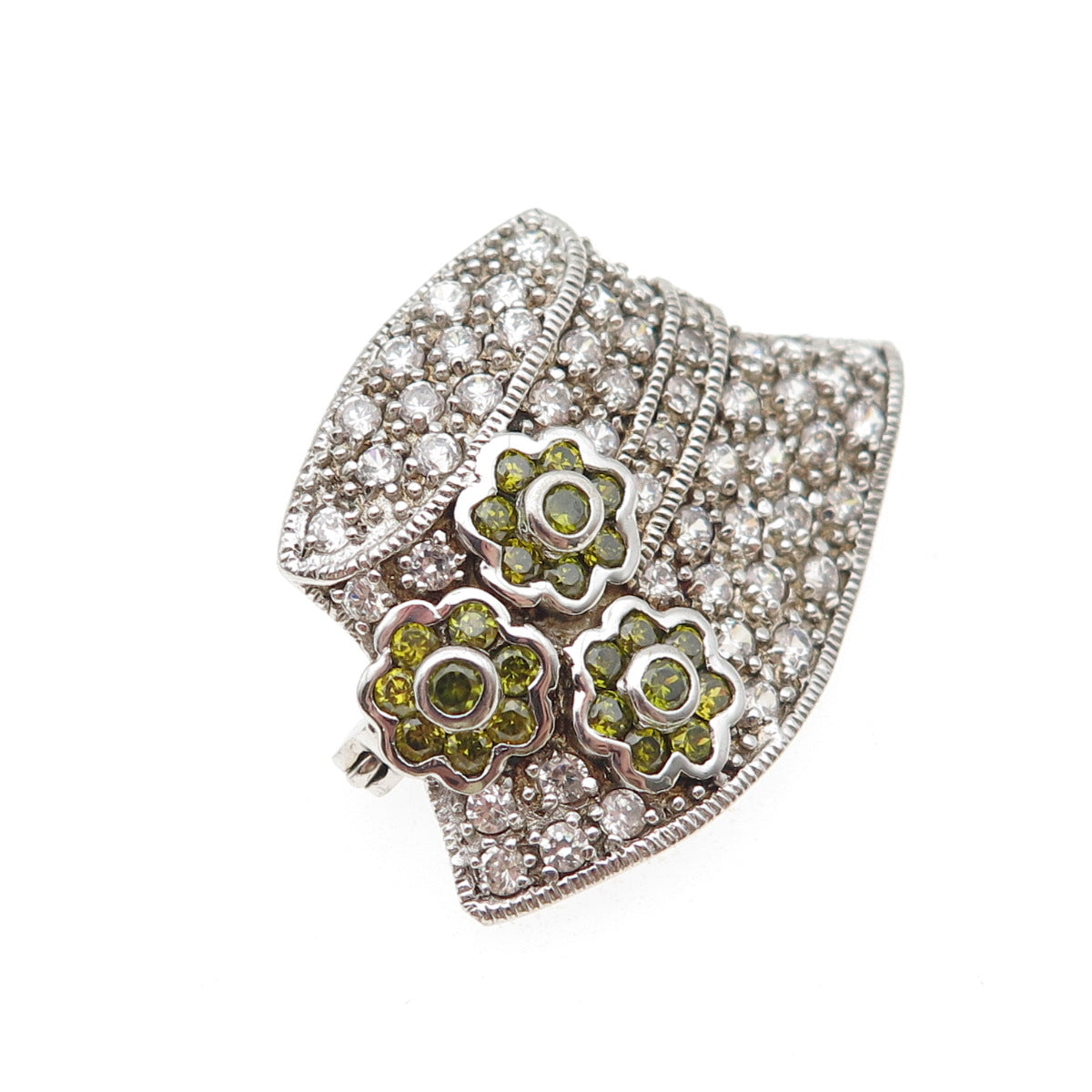 925 Sterling Silver Vintage Round-Cut Green & White C Z Summer Hat Pin Brooch