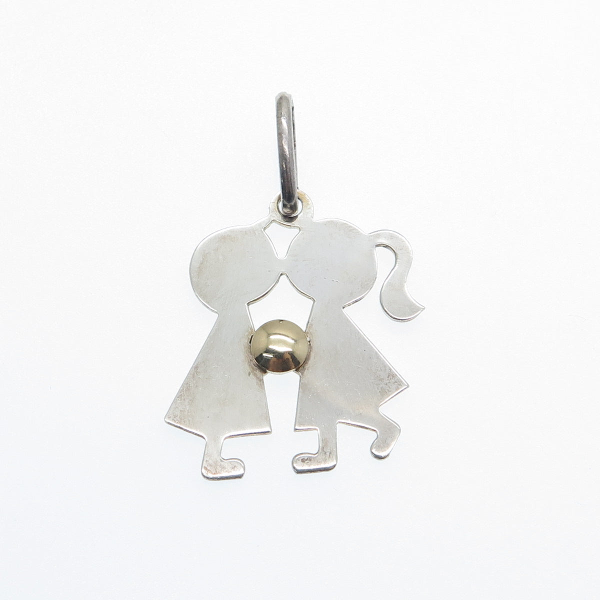 14K Gold & 925 Sterling Silver Vintage Italy Boy & Girl Kiss Charm Pendant