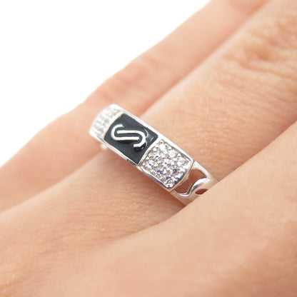 925 Sterling Silver Vintage Enamel Round-Cut C Z Chain Link Band Ring Size 7.25